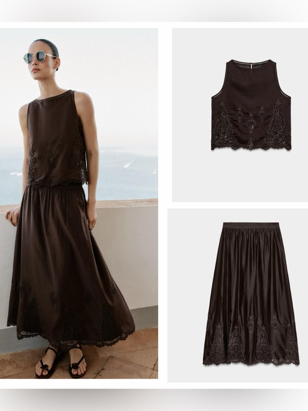 Zara Embroidered Lace Insert Top And Skirt Set